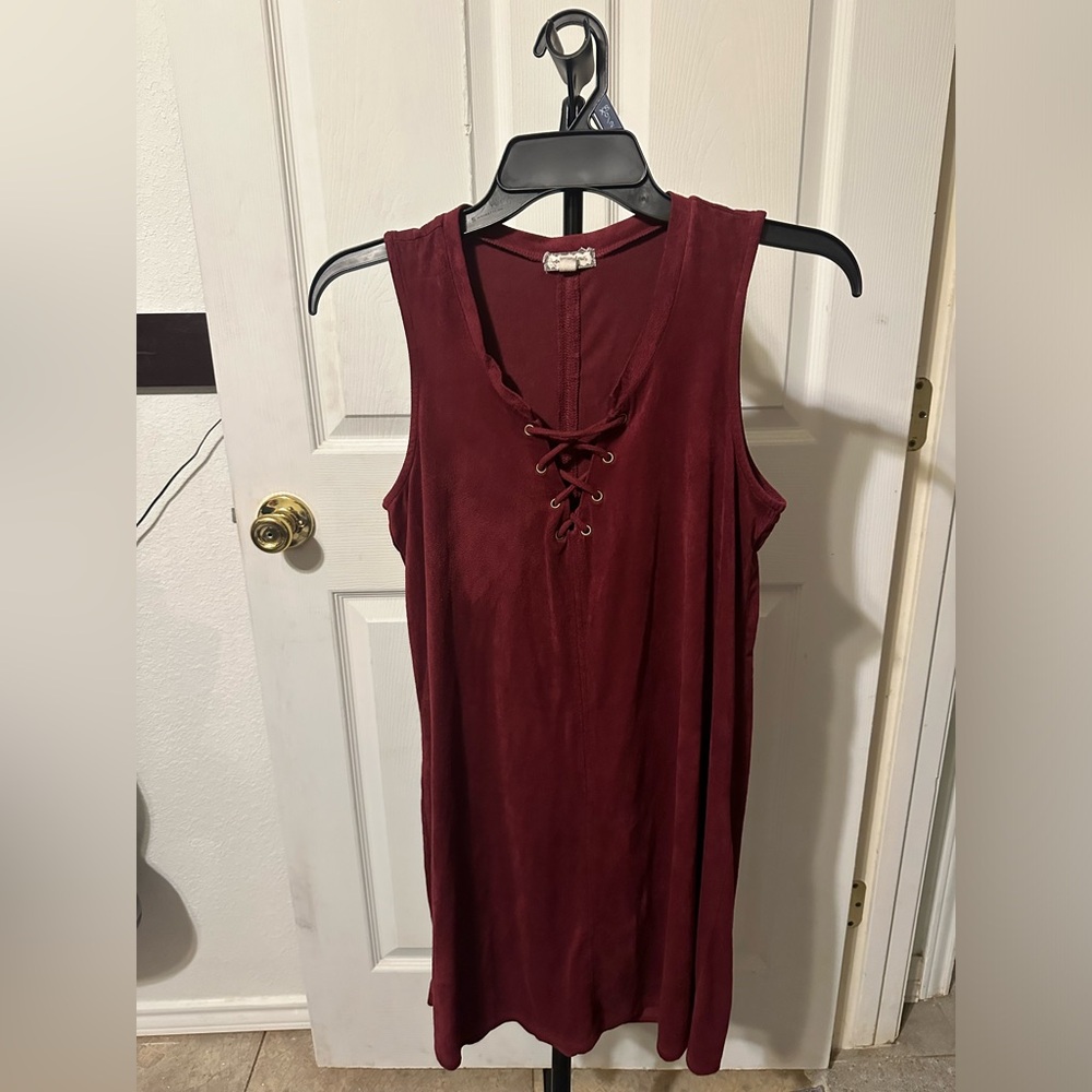 Burgundy Lace-Up Sleeveless Dress
